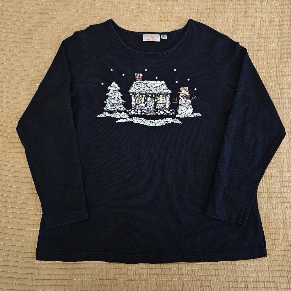 Quacker Factory Vintage Sequins Beaded Holiday Festive Winter 100% Cotton Shirt‎